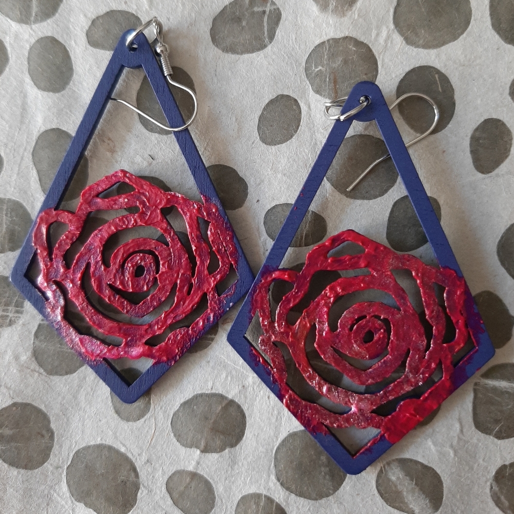 Red and Blue Geometric Rose Earrings